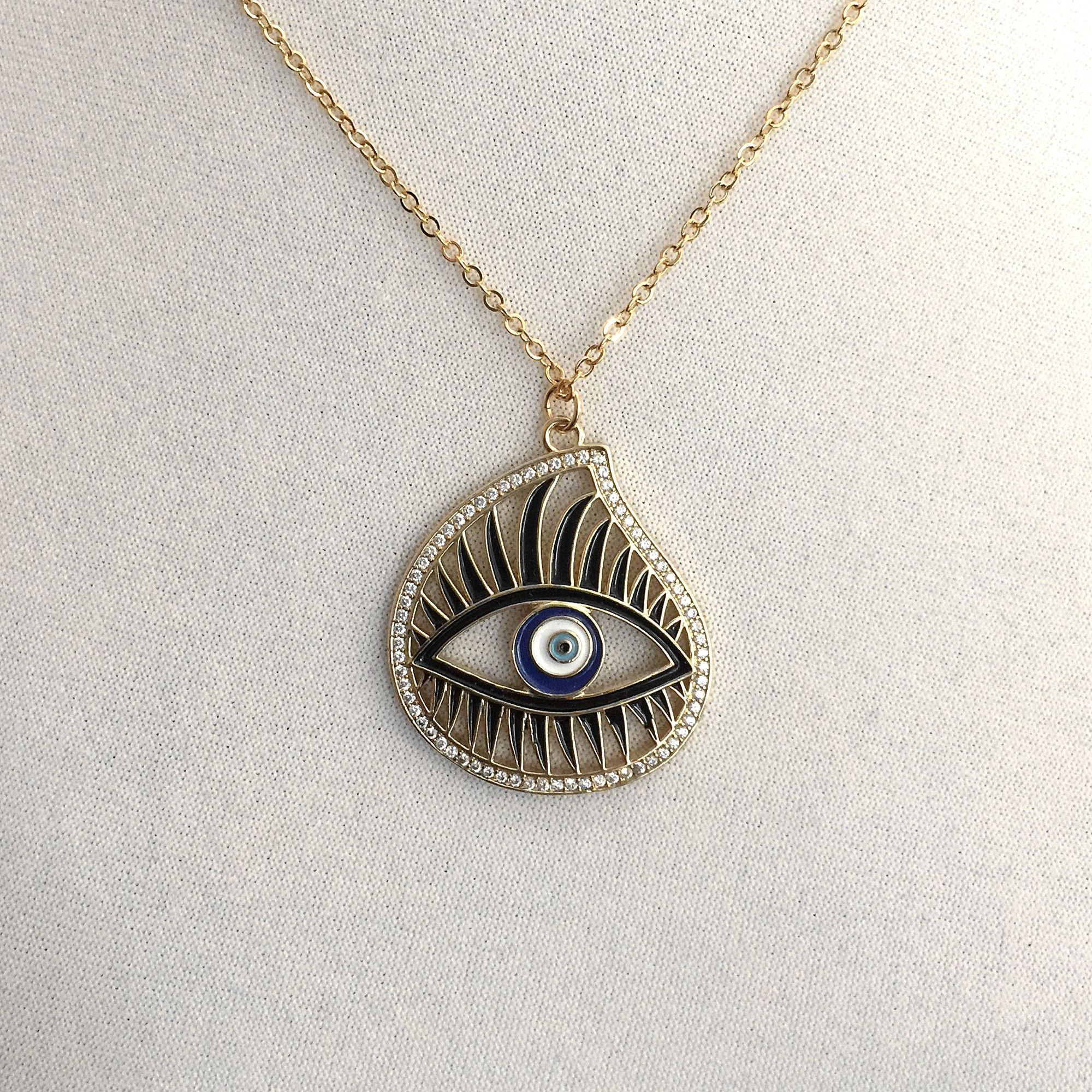 The Unbranded Brand Evil Eye Black Blue Enamel Rhinestone Necklace Size ONE SIZE - 1 Thumbnail