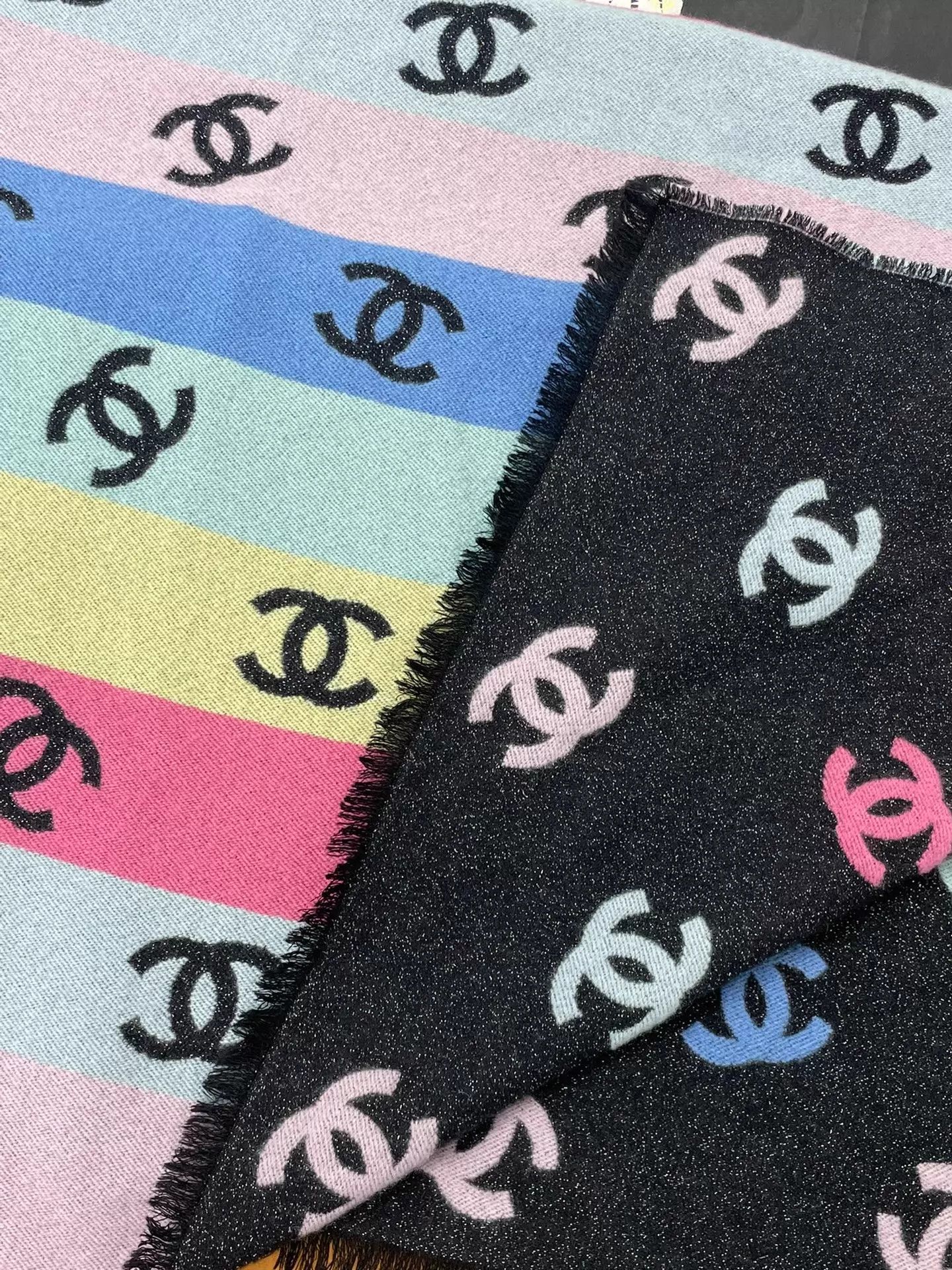 Chanel Chanel Rainbow Stripe Lg Logo Cashmere Scarf/Shawl Size ONE SIZE - 4 Thumbnail