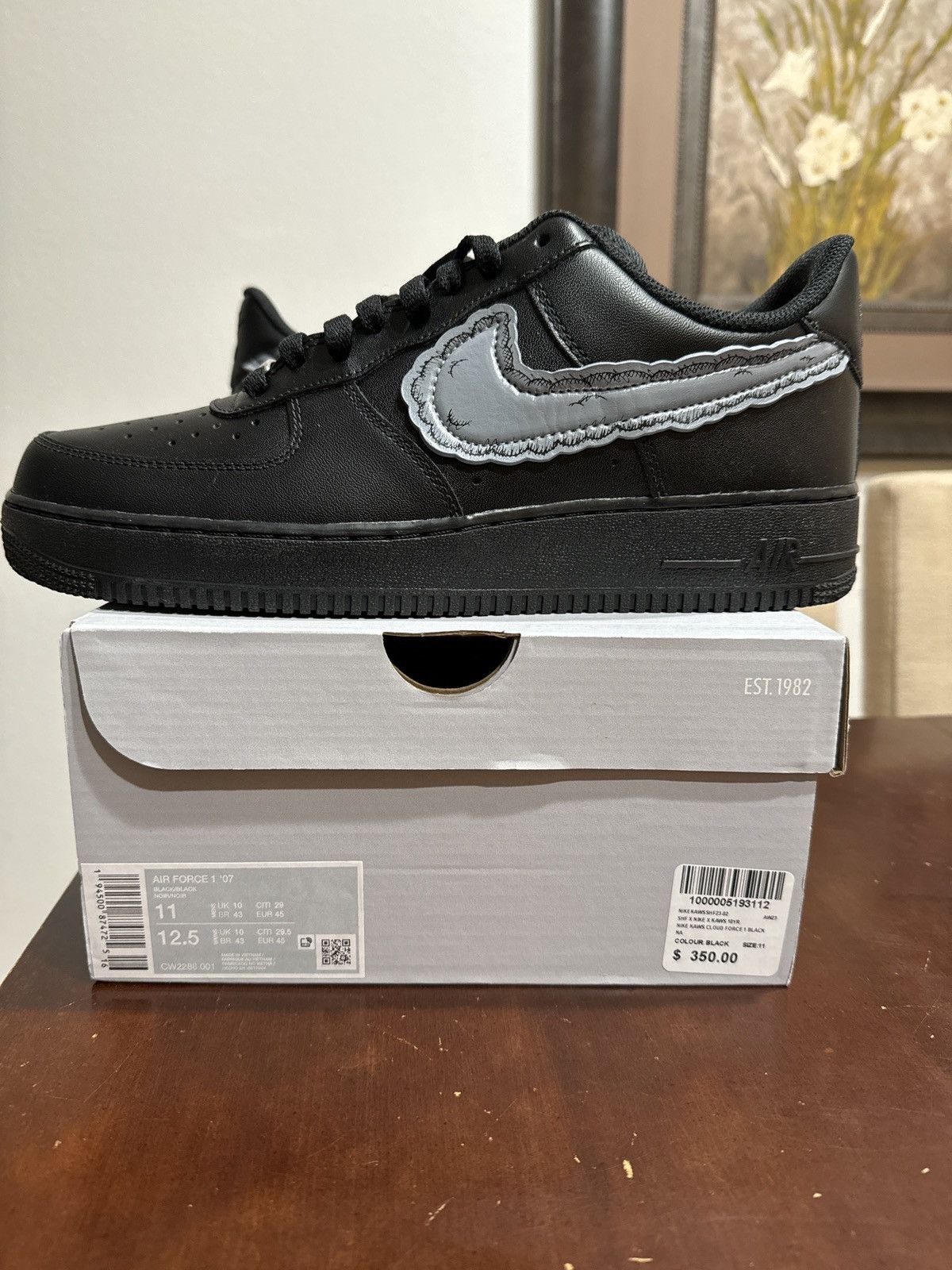image of Kaws Af1 Low Black Hand Painted Swoosh Shoes, Men's (Size 11)