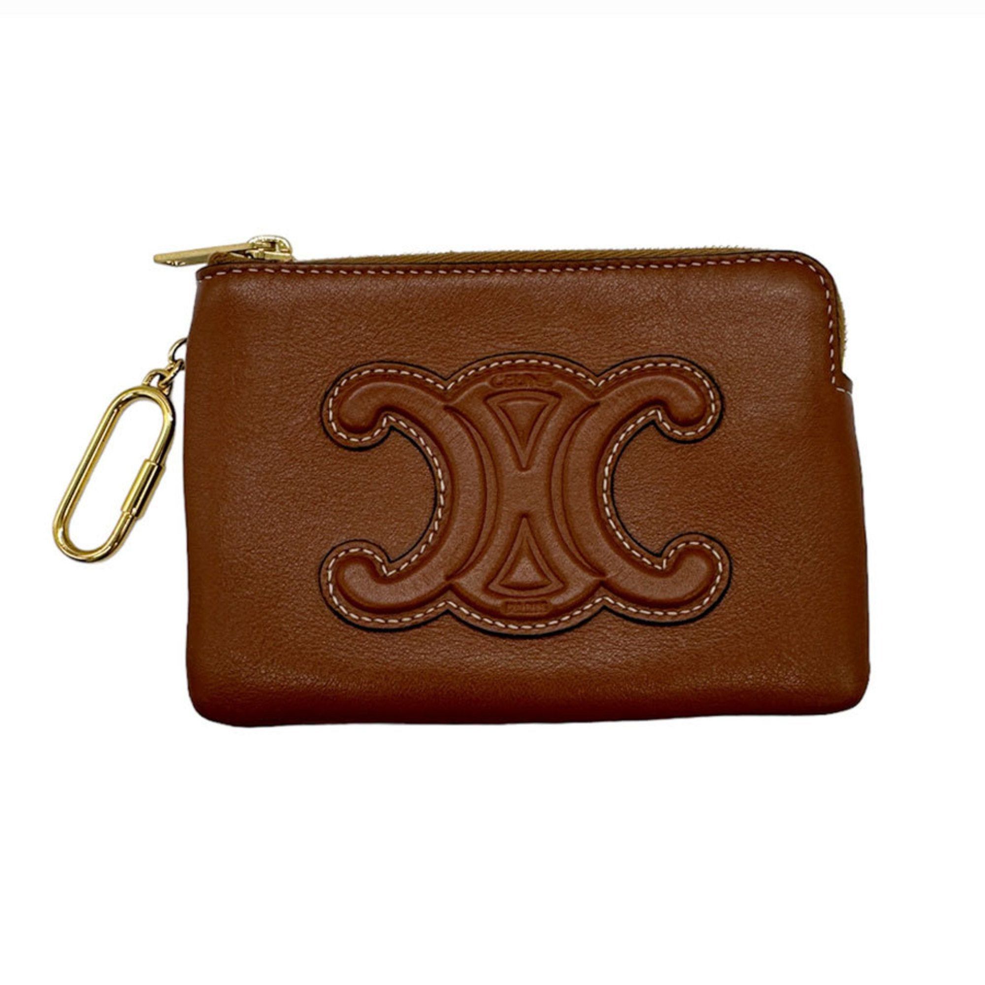 image of Celine Triomphe Coin Case, Leather, Brown, Unisex, Women's