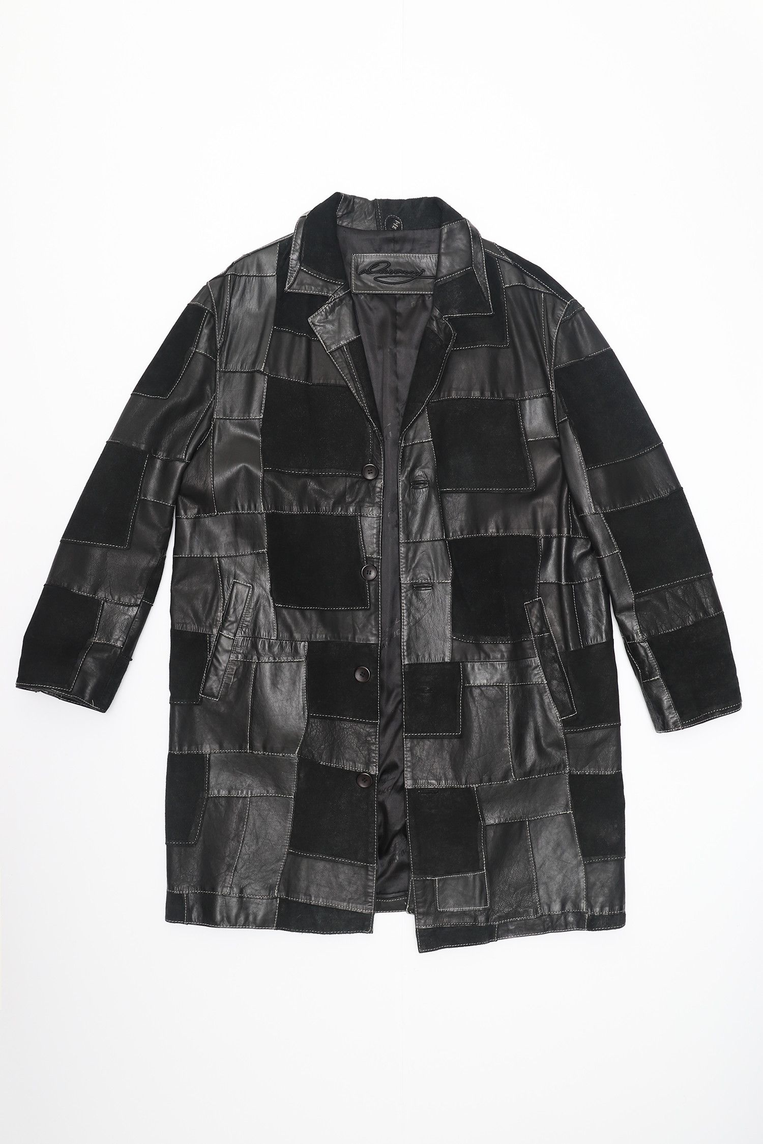 image of Vintage Davoucci Black Patchwork Leather Coat, Men's (Size 2XL)