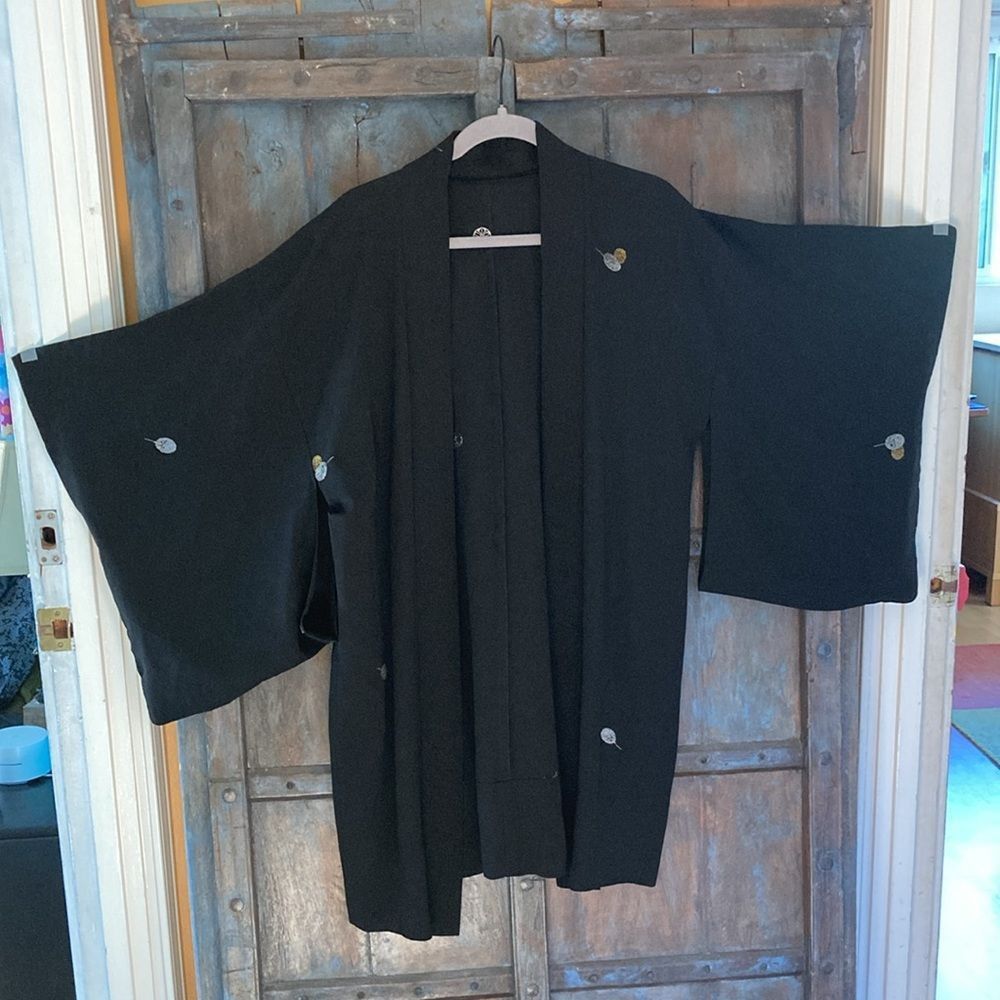 Handmade Japanese Style Black Kimono with Silver & Gold Embroidery- O Size ONE SIZE - 2 Thumbnail