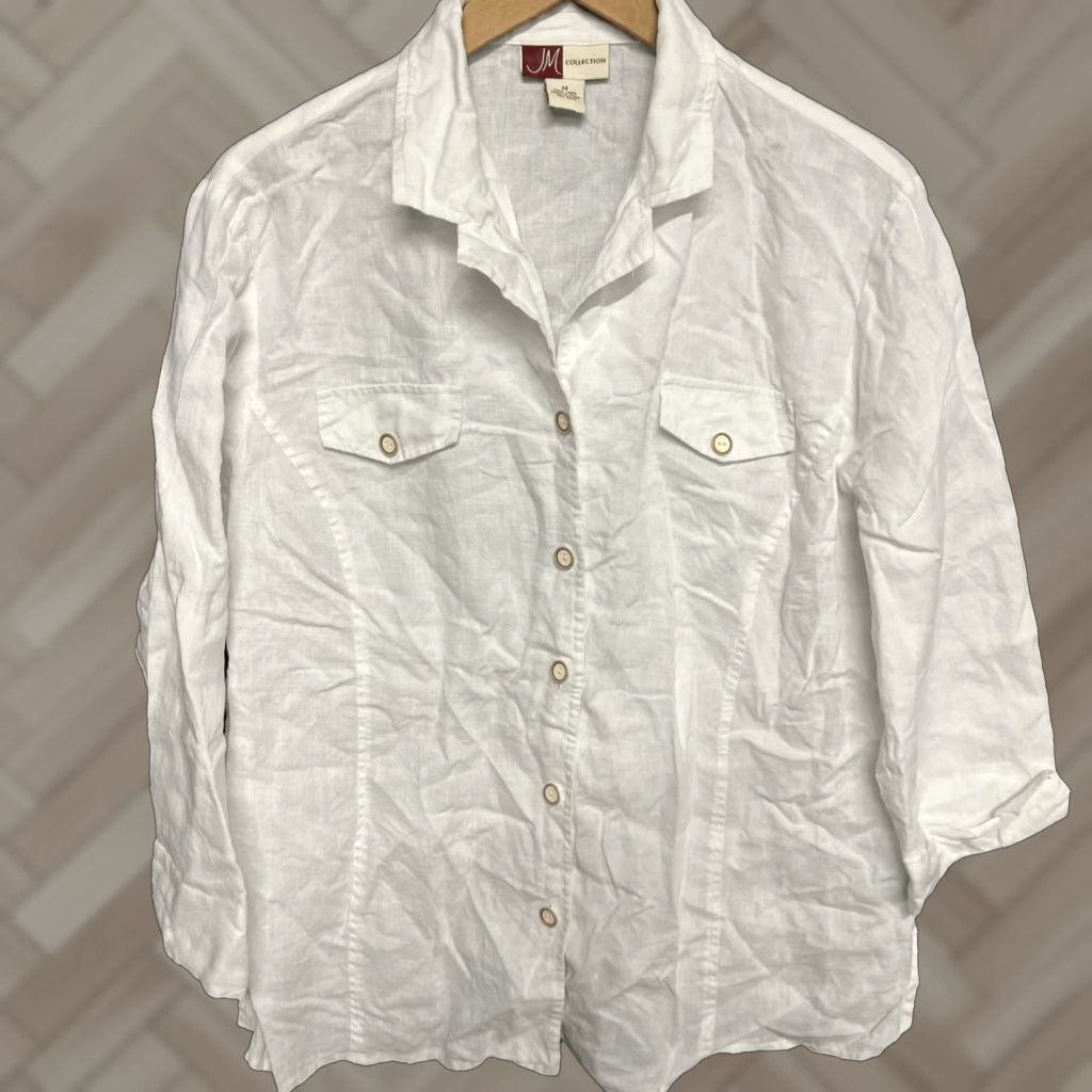 JM Collection JM Collection 14 Medium 100% Linen White Button Fitted 3/4 Sleeve Shirt Women Size XL / US 12-14 / IT 48-50 - 1 Thumbnail
