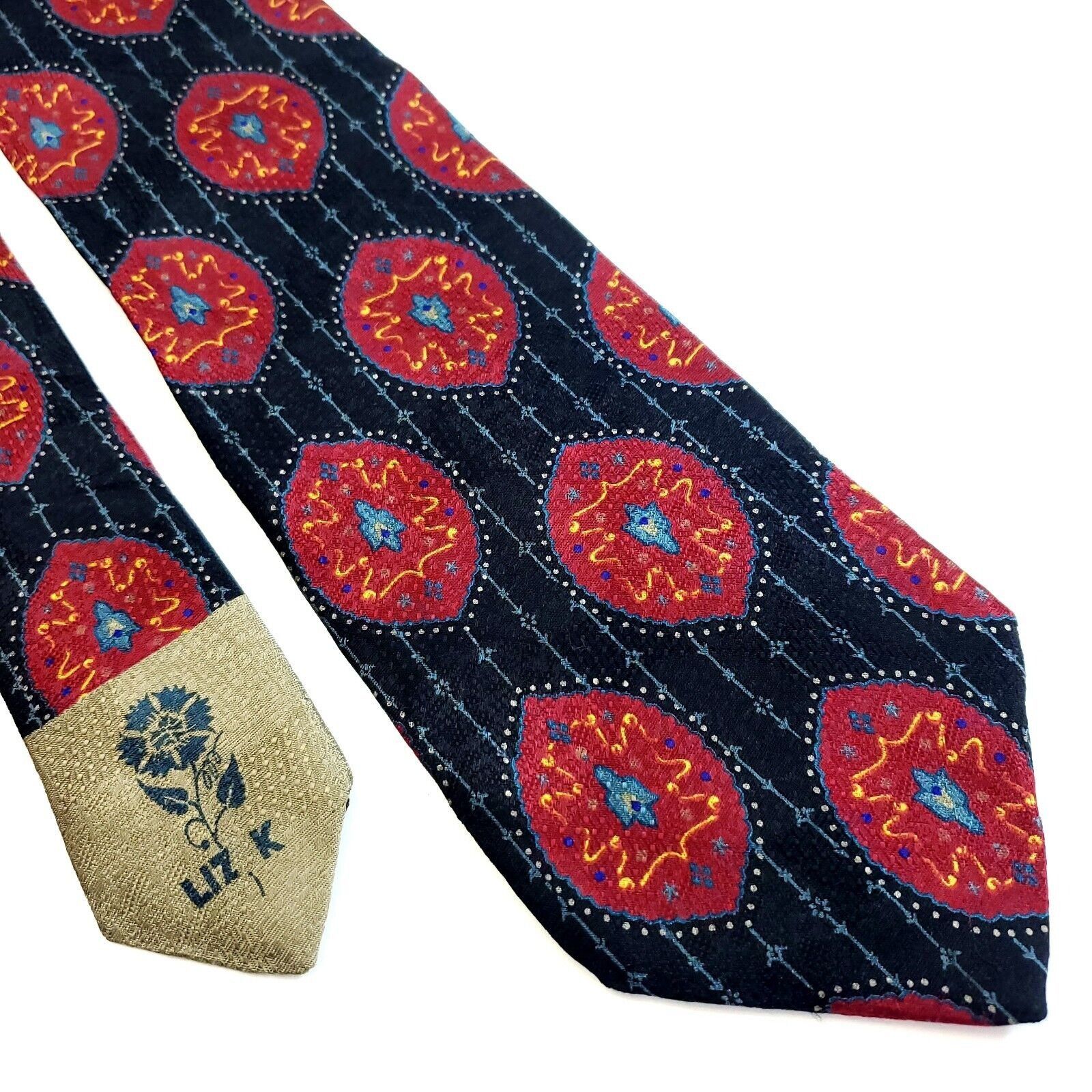 Designer Liz K Jacquard Print Red Black Abstract Short Wide Silk Tie Size ONE SIZE - 1 Thumbnail
