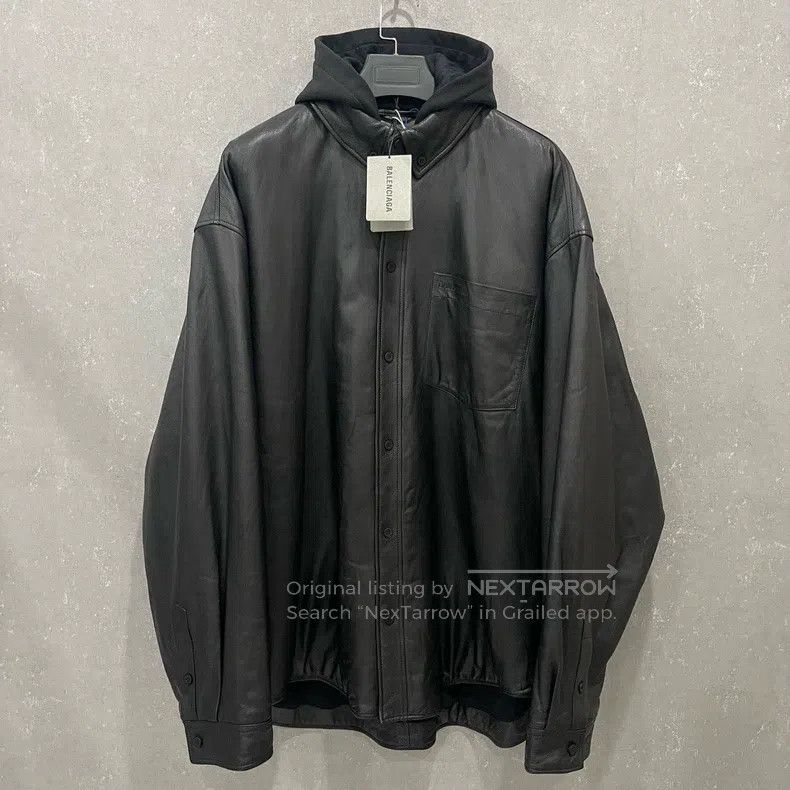 Balenciaga Balenciaga Solid Color Lamb Leather Hooded Sweatshirt Jack Size US L / EU 52-54 / 3 - 3 Thumbnail
