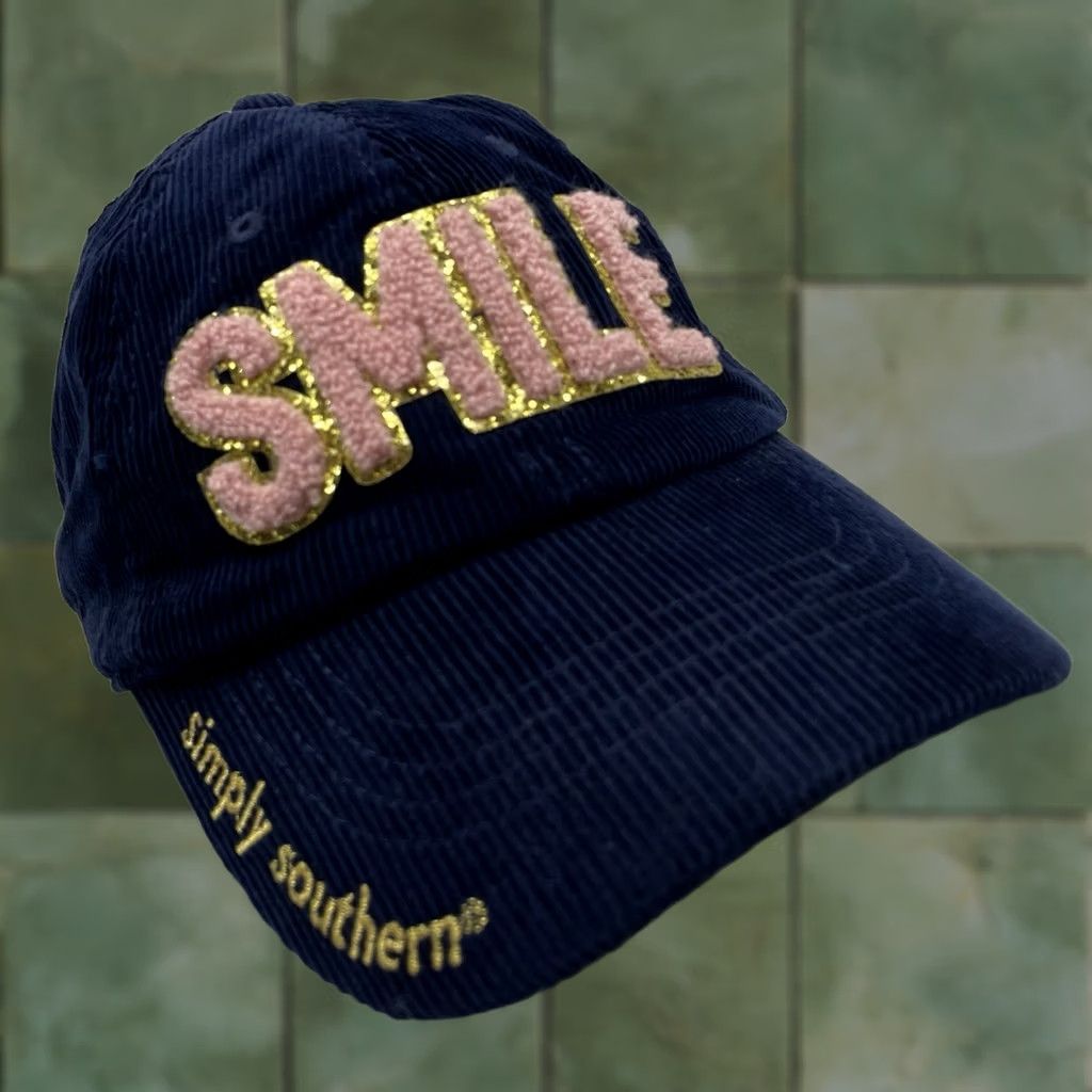 Vintage Simply Southern Corduroy Hat Womens Navy Blue SMILE Chenille Sequins Preppy Cute Hat Size ONE SIZE - 1 Thumbnail