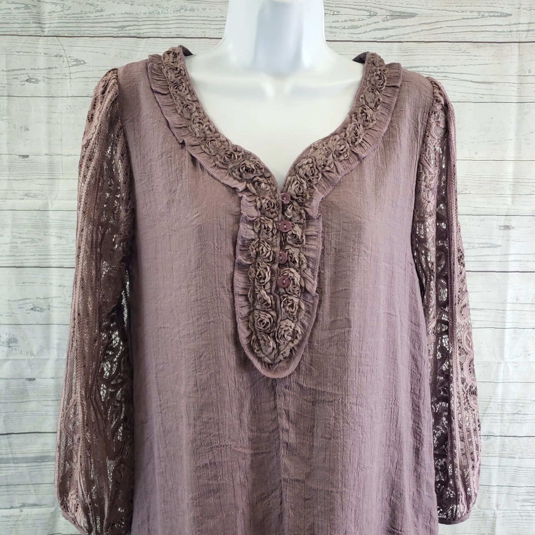 Vintage Pretty Angel Womens Tunic Top Sz Small Purple Layered Lace Linen Blend Shirt Size S / US 4 / IT 40 - 2 Thumbnail