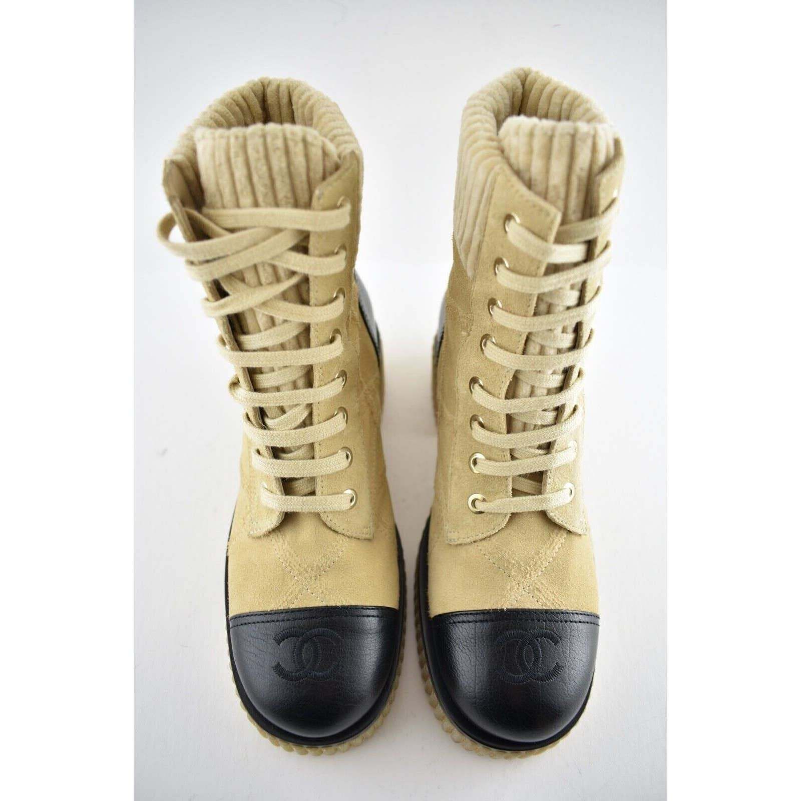 Chanel Chanel 20B Beige Black Quilted CC Platform Combat Lace Up Size US 5 / IT 35 - 6 Thumbnail