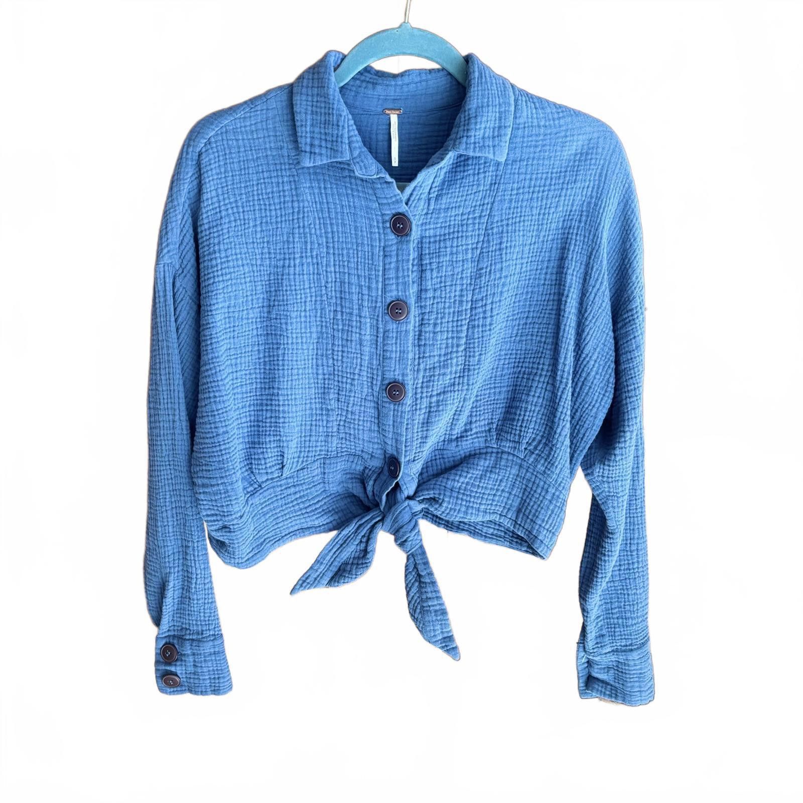 Free People Free People Blue Button-Up Tie-Front Top, Size S Size S / US 4 / IT 40 - 2 Thumbnail