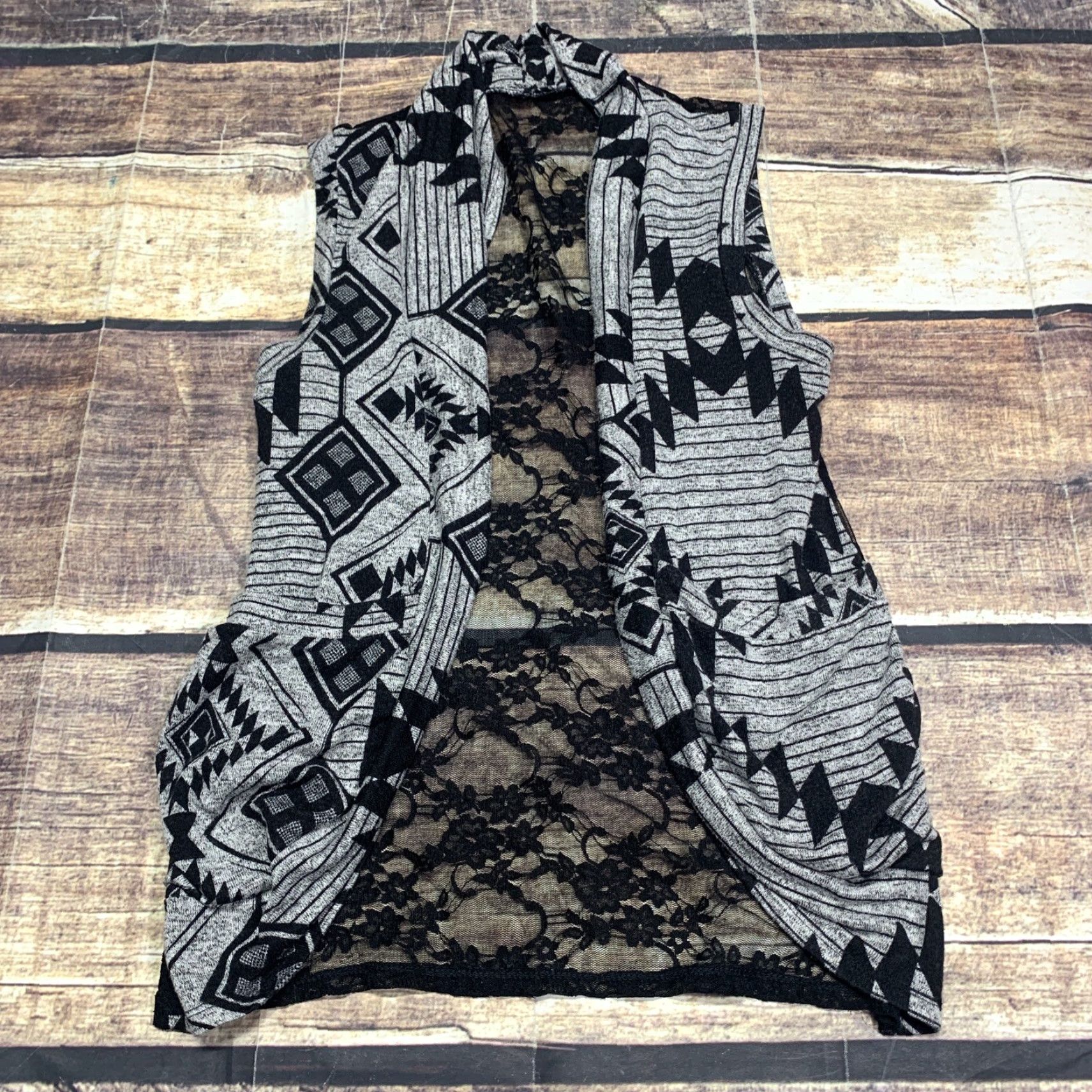 Vintage VINTAGE Woman's Sleeveless Open Cardigan Black Gray Lace Back Size Small Pockets Cardigan Women Sleeveless Open-Knit Casual Size S / US 4 / IT 40 - 3 Thumbnail