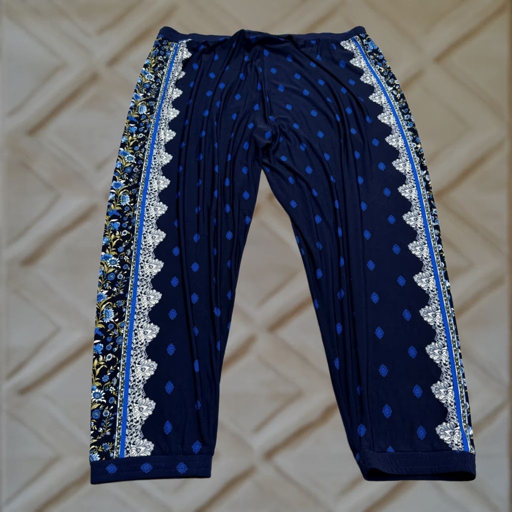 Vintage Susan Graver Liquid Knit Border Print Pull On Crop Pants Womens 2X Blue Floral Size 28" / US 6 / IT 42 - 1 Thumbnail