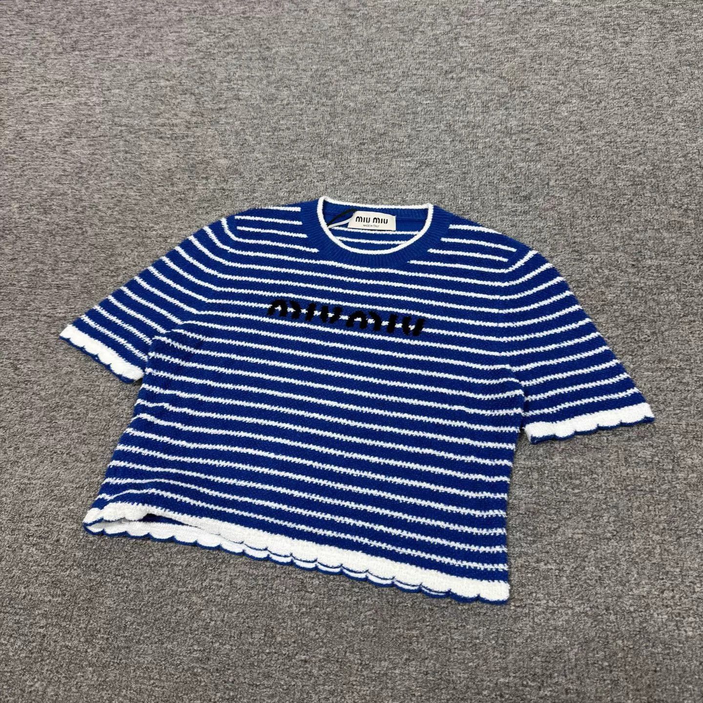 Miu Miu MIU MIU Blue & White Striped Logo Short-Sleeve Knit Top 36 Size XS / US 0-2 / IT 36-38 - 4 Thumbnail