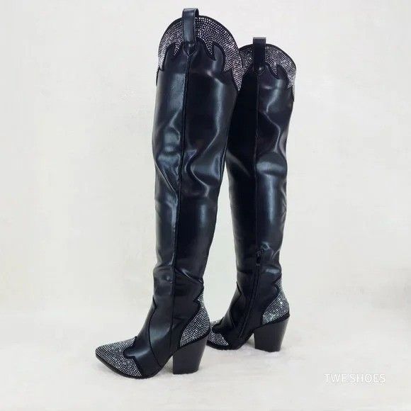 Other Country Western Sexy Black OTK Thigh Boots Rhinestone Trims Size US 8 / IT 38 - 6 Thumbnail