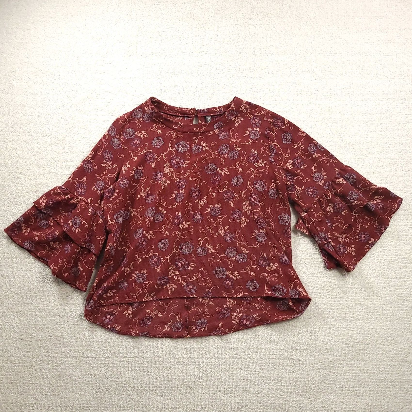 Bell Massini Womens Blouse Top Large Bell Sleeve Ruffle Floral Maroon Red L Regular Size L / US 10 / IT 46 - 2 Thumbnail