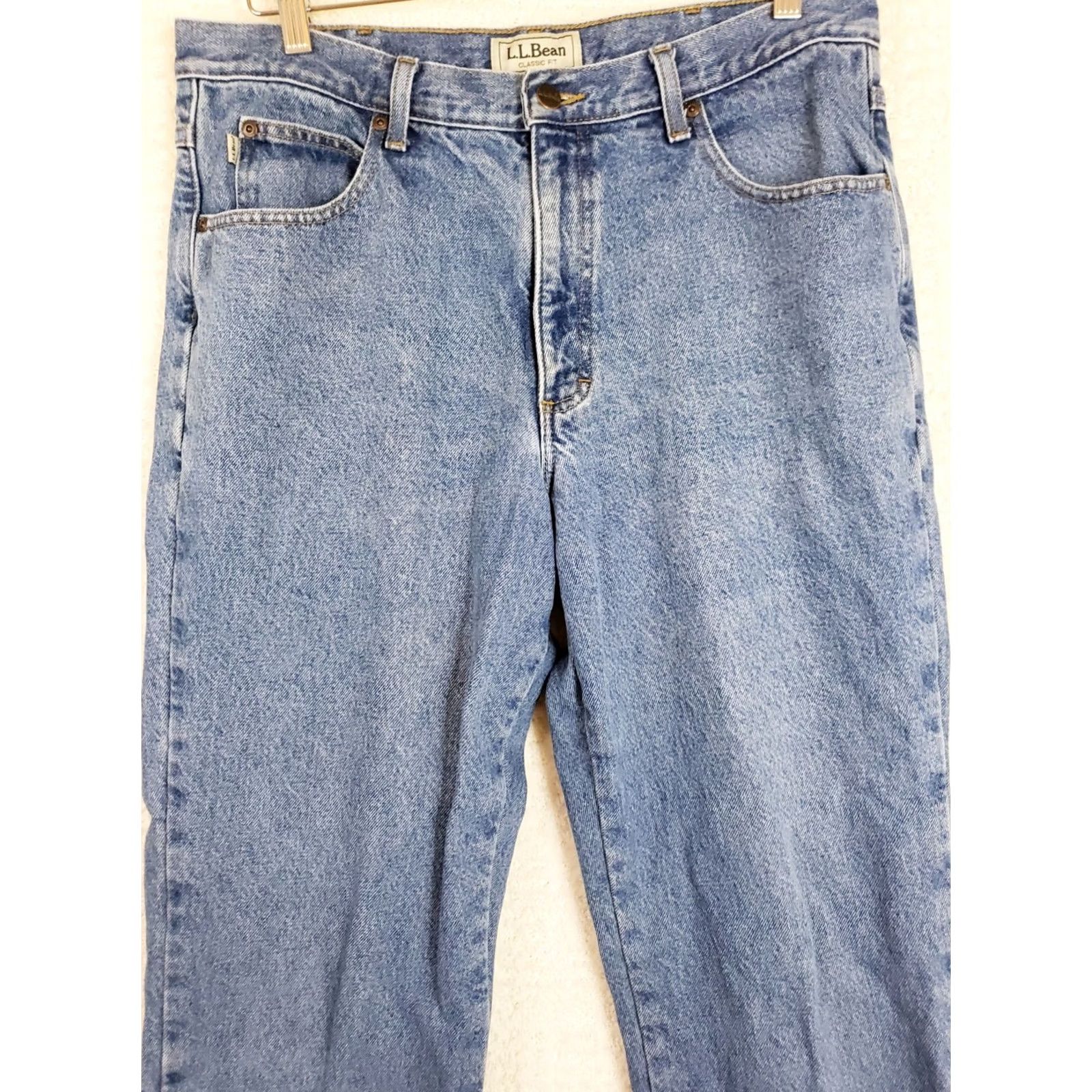 Denime LL Bean Denim Jeans 35x30 Blue Classic Fit 5-Pocket Straight Zip Raw Denim Relaxed Men Size US 35 - 2 Thumbnail