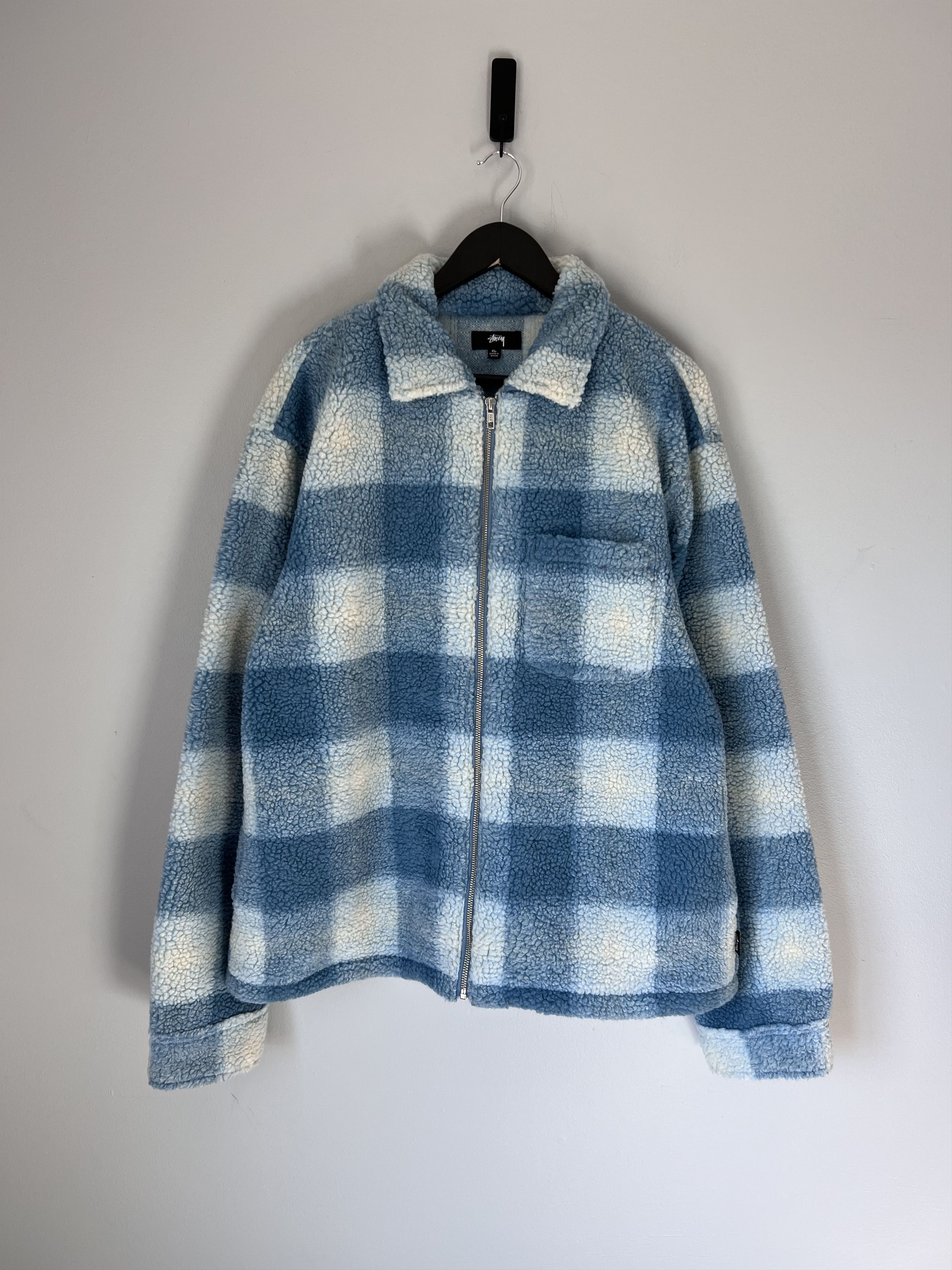 Stussy Stussy Zip Sherpa Shadow Plaid Jacket in Light Blue