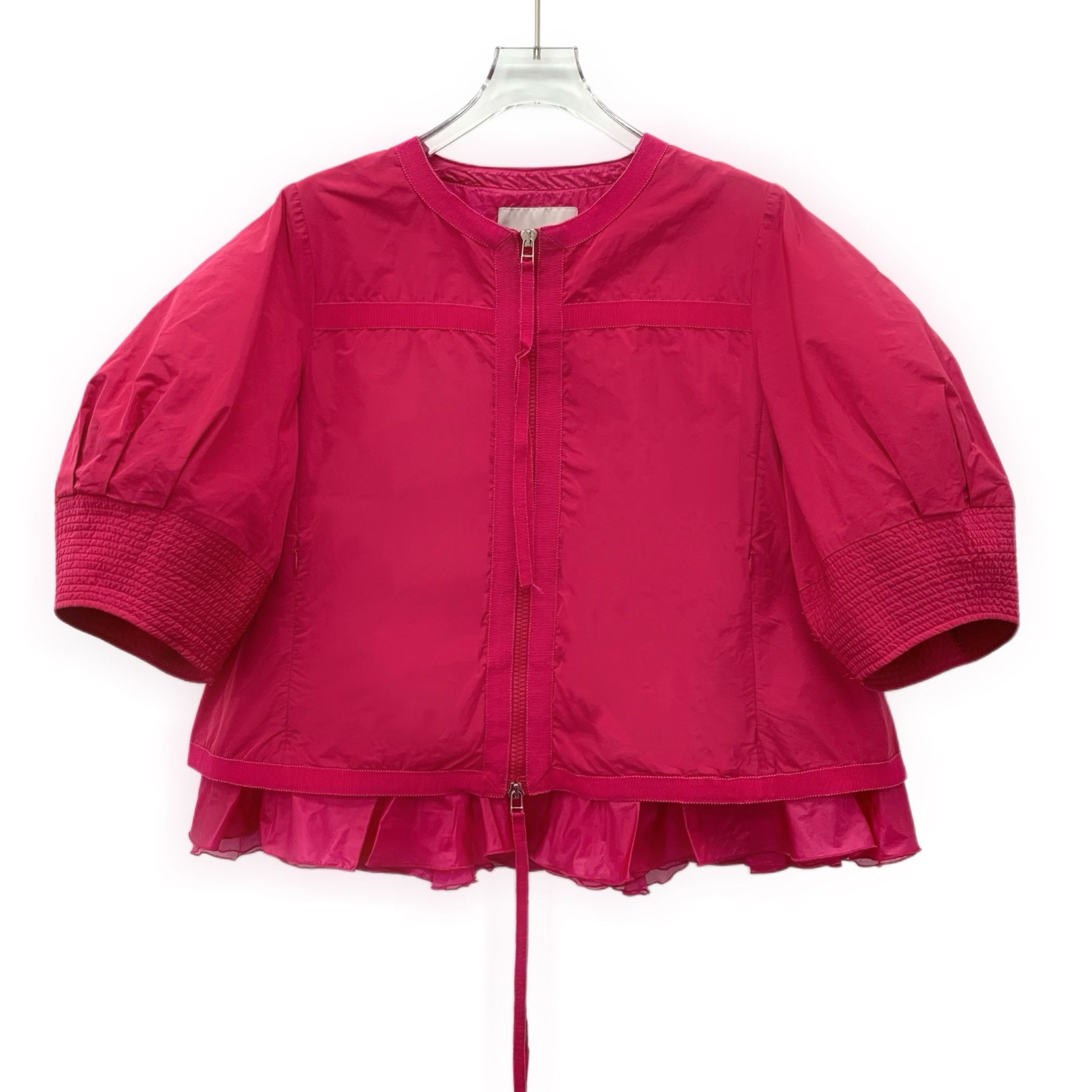 Moncler Red Ruffle Zip-Up Short Sleeve Jacket (Size S)