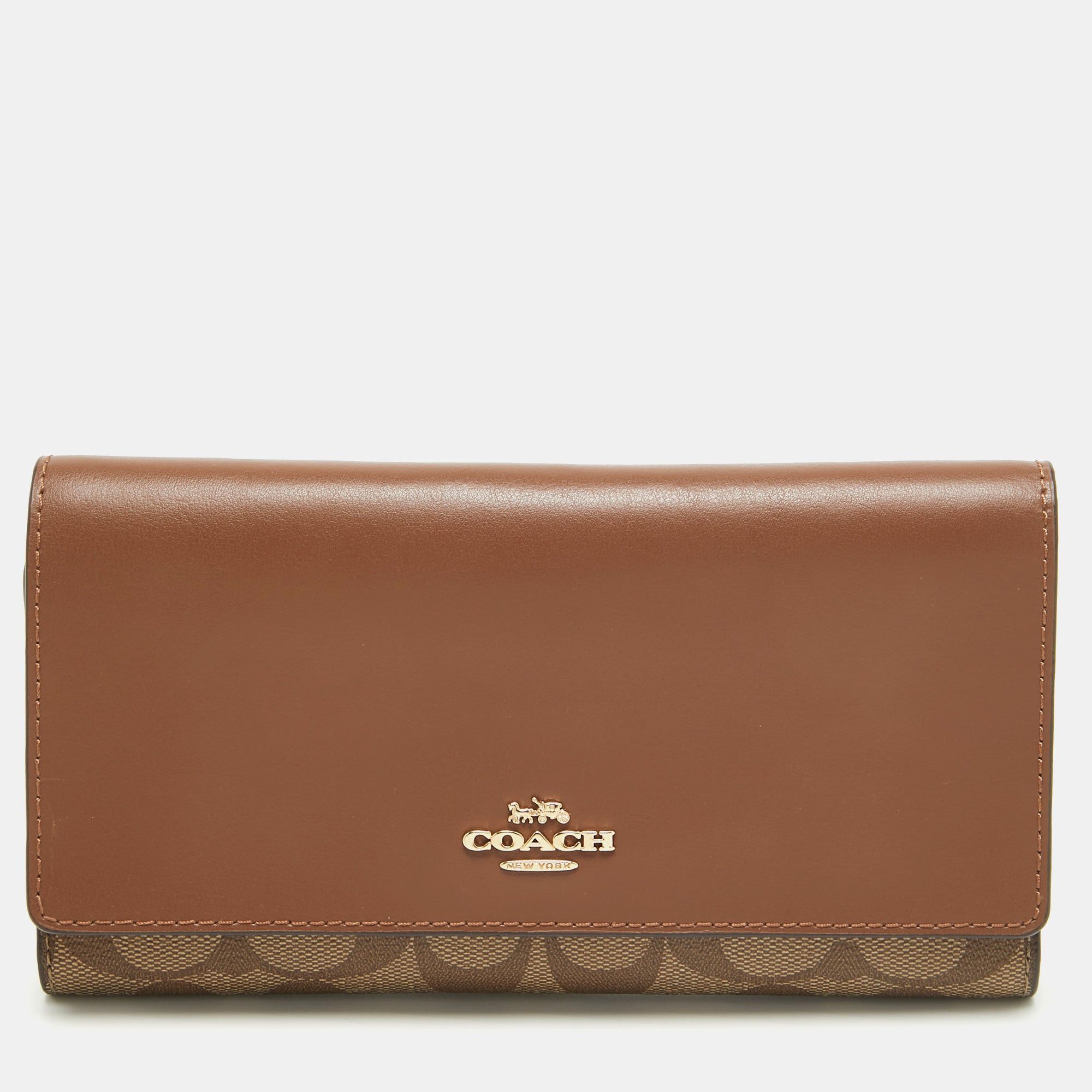 image of Coach Brown/beige Signature Coated Canvas And Leather Trifold Long Wallet, Women's