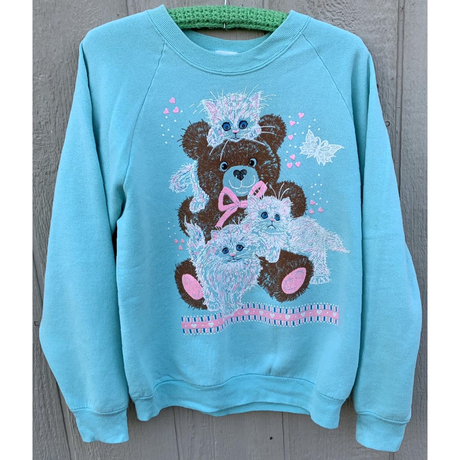 Vintage VINTAGE Lesal Wes Inc. Sweatshirt Raglan Green 90s Bear Butterfly Cat Kawaii Graphic Print Women L Size L / US 10 / IT 46 - 3 Thumbnail