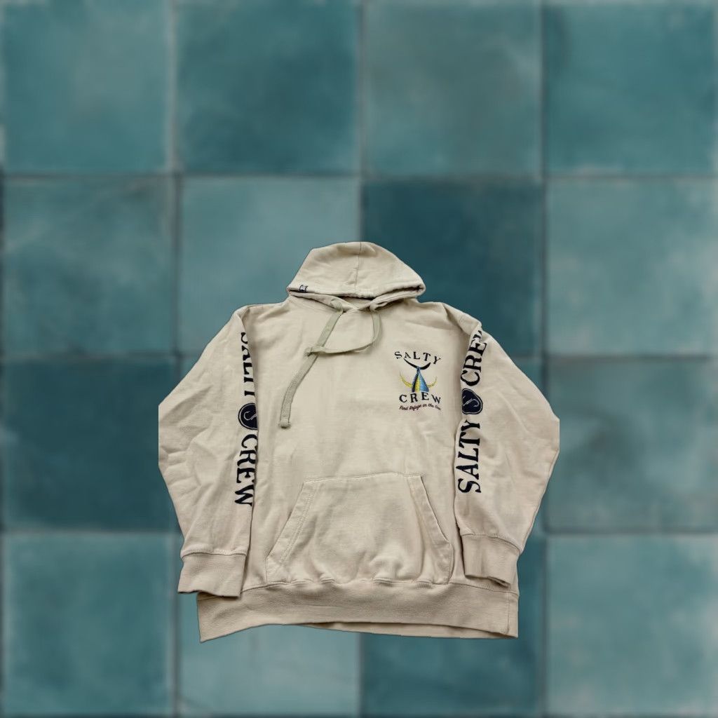 Vintage VINTAGE Salty Crew Hoodie Mens M Tan Pullover Graphic Find Refuge in the Sea Back Fish Tail Logo Pockets Hooded Size US M / EU 48-50 / 2 - 1 Thumbnail