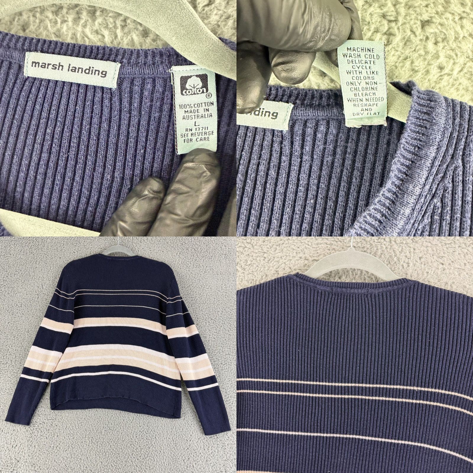 Vintage Marsh Landing Top Womens Large Blue Stripe Long Sleeve 100% Cotton V-Neck Casual Shirt Size L / US 10 / IT 46 - 8 Thumbnail