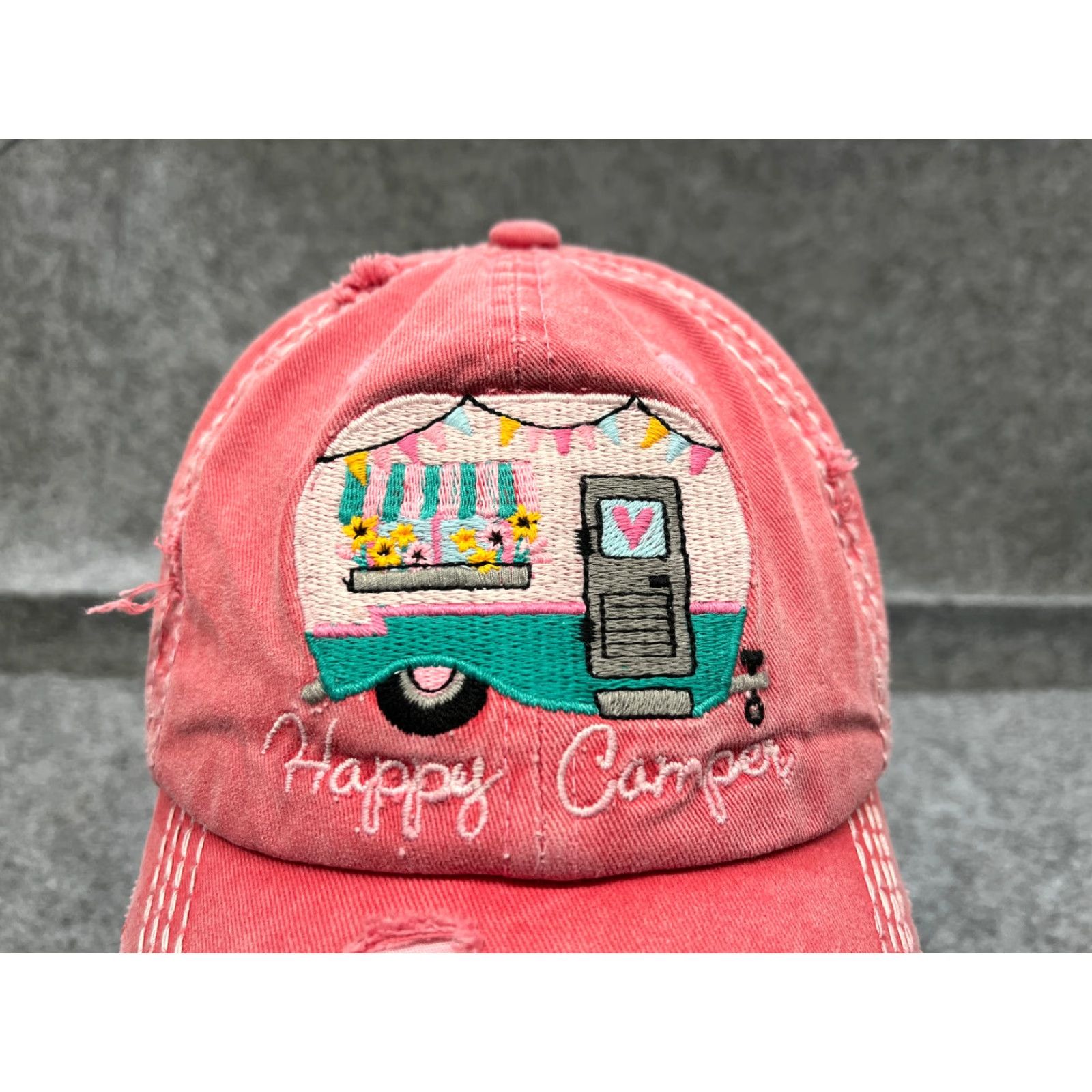 Camper KBethos Happy Camper Beach Cap Hat Adjustable Strap Back One Size Pink Cotton Womens Size ONE SIZE - 2 Thumbnail