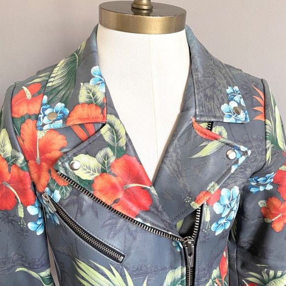 VEDA Veda Gray Tropical Print Leather Biker Jacket - Small Size S / US 4 / IT 40 - 3 Thumbnail