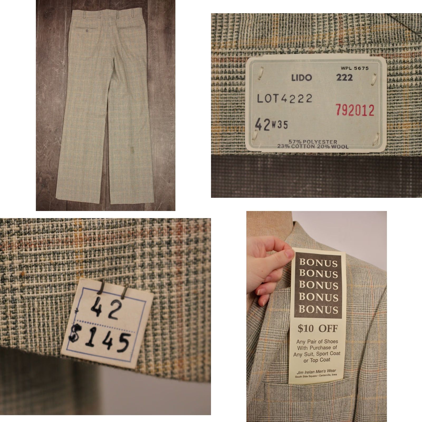 Vintage VINTAGE Mens VTG 70s NOS Light Green Plaid Leisure Suit Jacket Pants L 42 1970s Polyester Blend Disco Mens Size 42R - 8 Thumbnail
