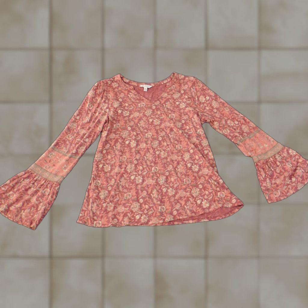 Lucky Brand Lucky Brand Blouse Shirt Women M Pink Bell Sleeve Geometric Floral V-Neck Cotton Linen Viscose Rayon Stretch Regular Basic Casual Size M / US 6-8 / IT 42-44 - 1 Thumbnail