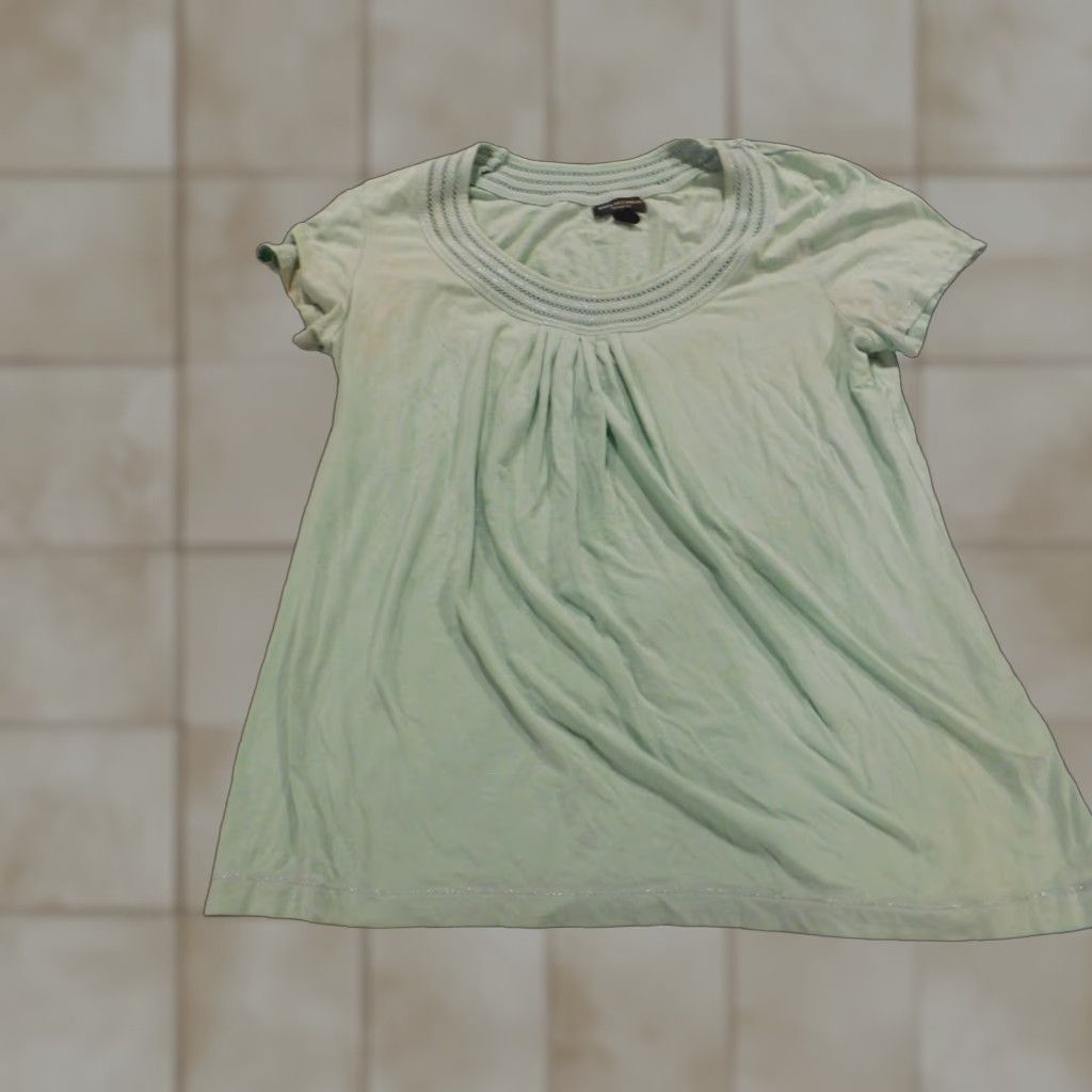 Vintage Dana Buchman Blouse Womens Medium Green Pullover Short Sleeve Round Neck Cotton Rayon Geometric Pattern Ruffle Stretch Casual Regular Vintage No Size M / US 6-8 / IT 42-44 - 1 Thumbnail