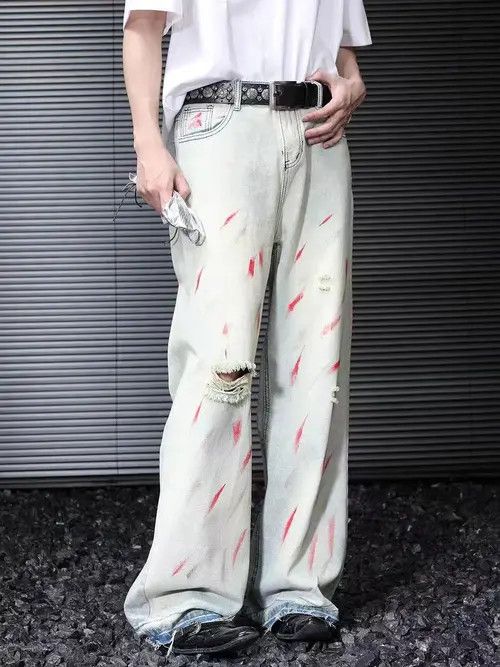 Japanese Brand Splashed retro raw edge ripped baggy jeans Size US 32 / EU 48 - 3 Thumbnail