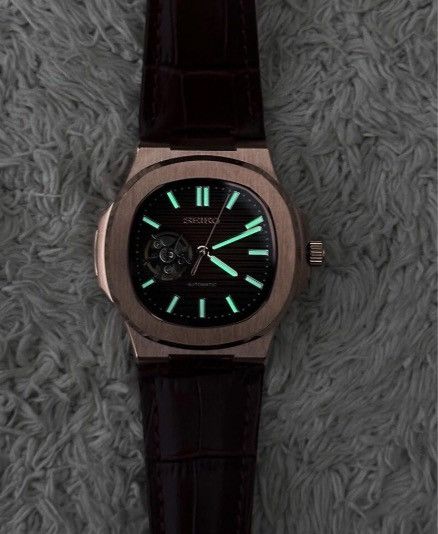 Japanese Brand Seiko Mod Nautilus Brown Open Dial Rose Watch Leather Strap Size ONE SIZE - 3 Thumbnail