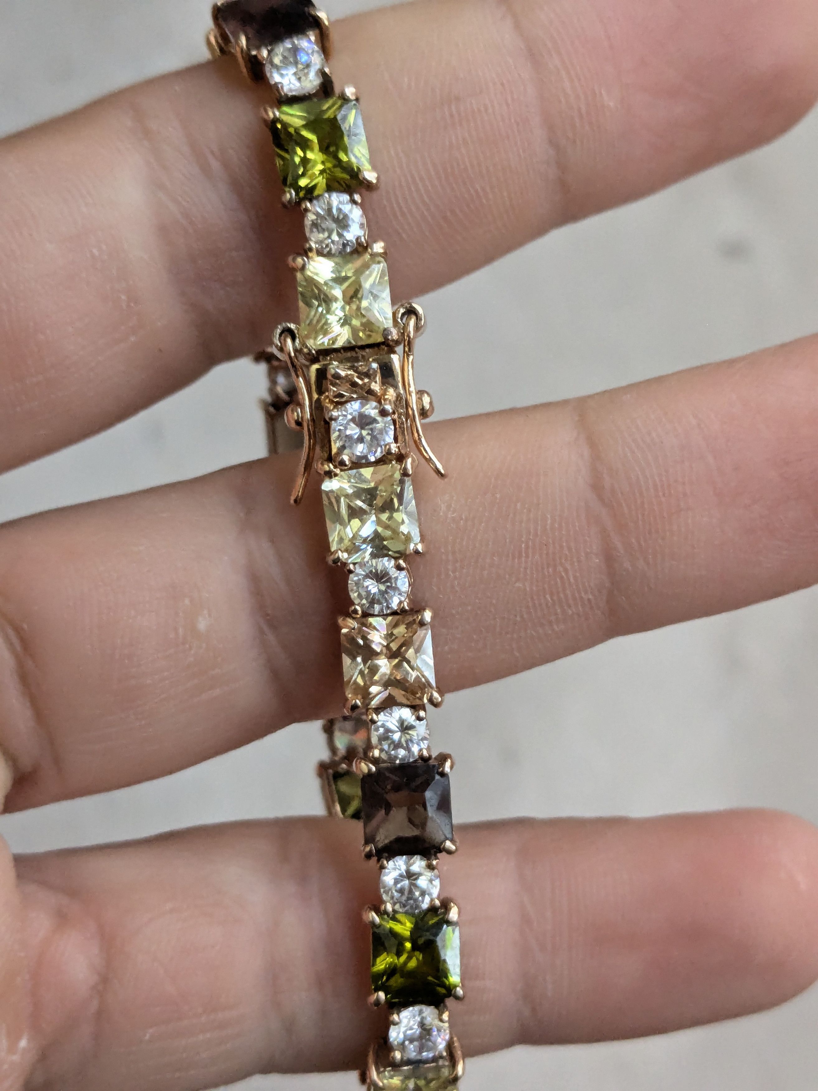 Jewelry Sterling Silver Tennis Bracelet Green Clear Gold 7.25" Size ONE SIZE - 12 Thumbnail