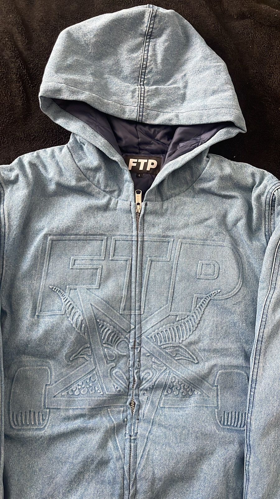 image of Fuck The Population Ftp Thrasher Denim Jacket in Blue, Men's (Size Large)