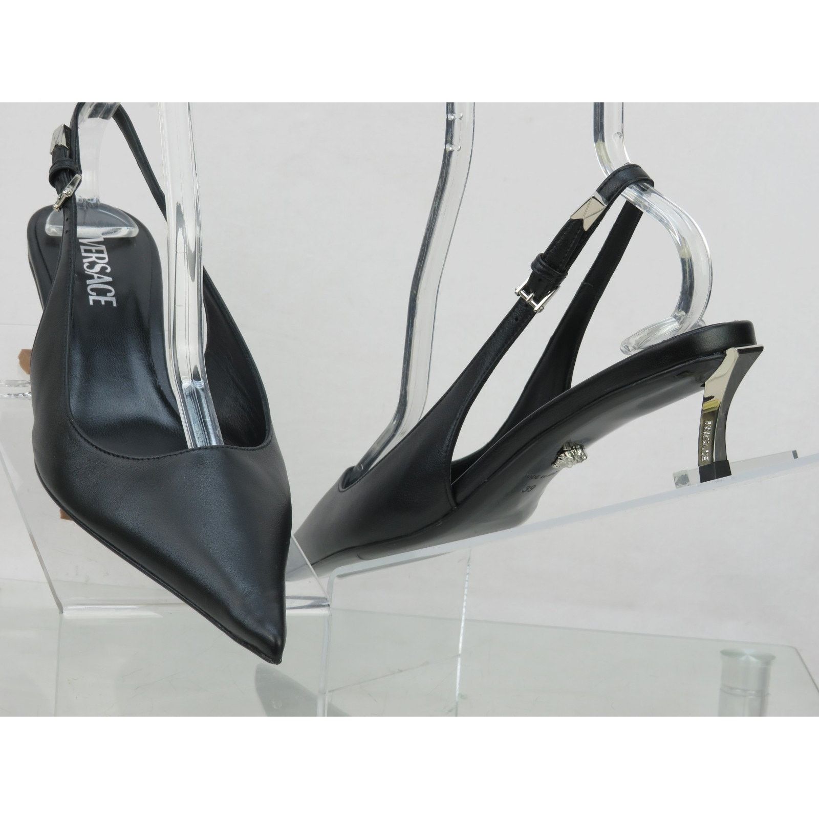 Versace VERSACE BLACK LEATHER SILVER MEDUSA SANDALS KITTEN PUMPS 41 Size US 11 / IT 41 - 5 Thumbnail