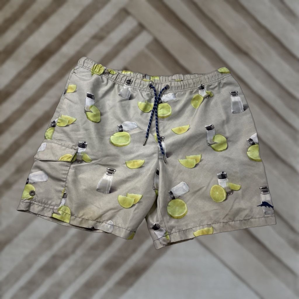 Tommy Bahama Tommy Bahama Swim Shorts Trunks Mens Large Gray Lime Salt Lined Drawstring Elastic Waist Pocket Beach 100% Polyester Mens Size US 33 - 1 Thumbnail