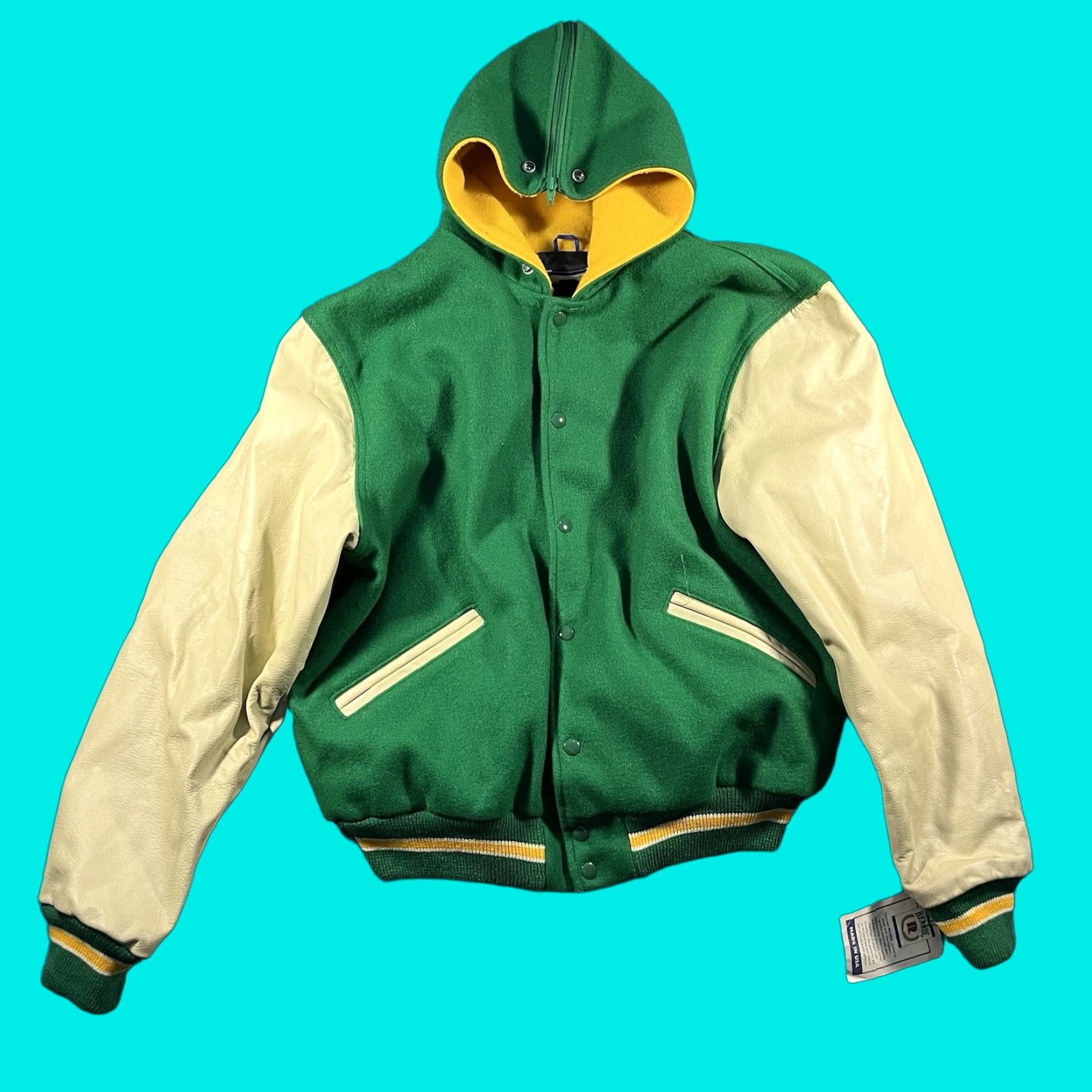 Vintage Vintage Rennoc 80s 90s Varsity Letterman Hooded Bomber Jacket Green Mens XL NEW Size US XL / EU 56 / 4 - 1 Thumbnail