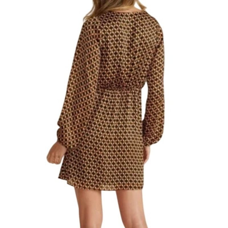 MINKPINK Gold Patterned Front Bunch Snap V Neck Valentina Mini Dress Size L / US 10 / IT 46 - 6 Thumbnail