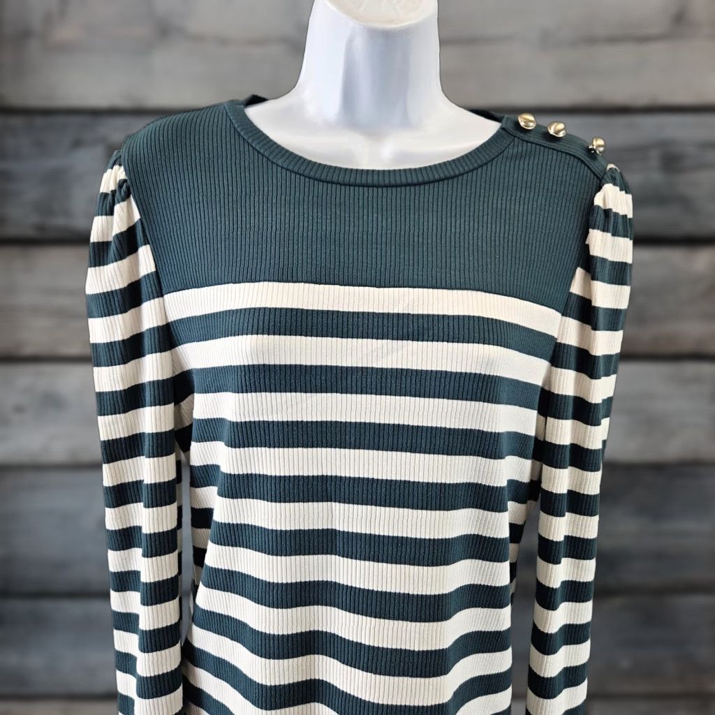 Ann Taylor Ann Taylor Womens Top Medium Teal White Stripe Ribbed Long Sleeve Rayon Size M / US 6-8 / IT 42-44 - 1 Thumbnail