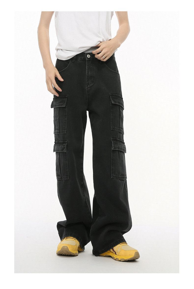 Men's Straight Wide Leg Jeans Multi Pocket