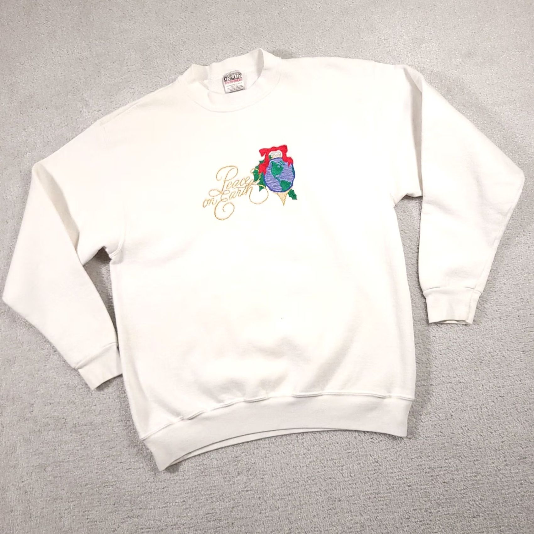 Vintage VINTAGE Oneita Sweatshirt Adult Large Crewneck Embroidered Peace on Earth USA Made PILLOW? Size US L / EU 52-54 / 3 - 2 Thumbnail
