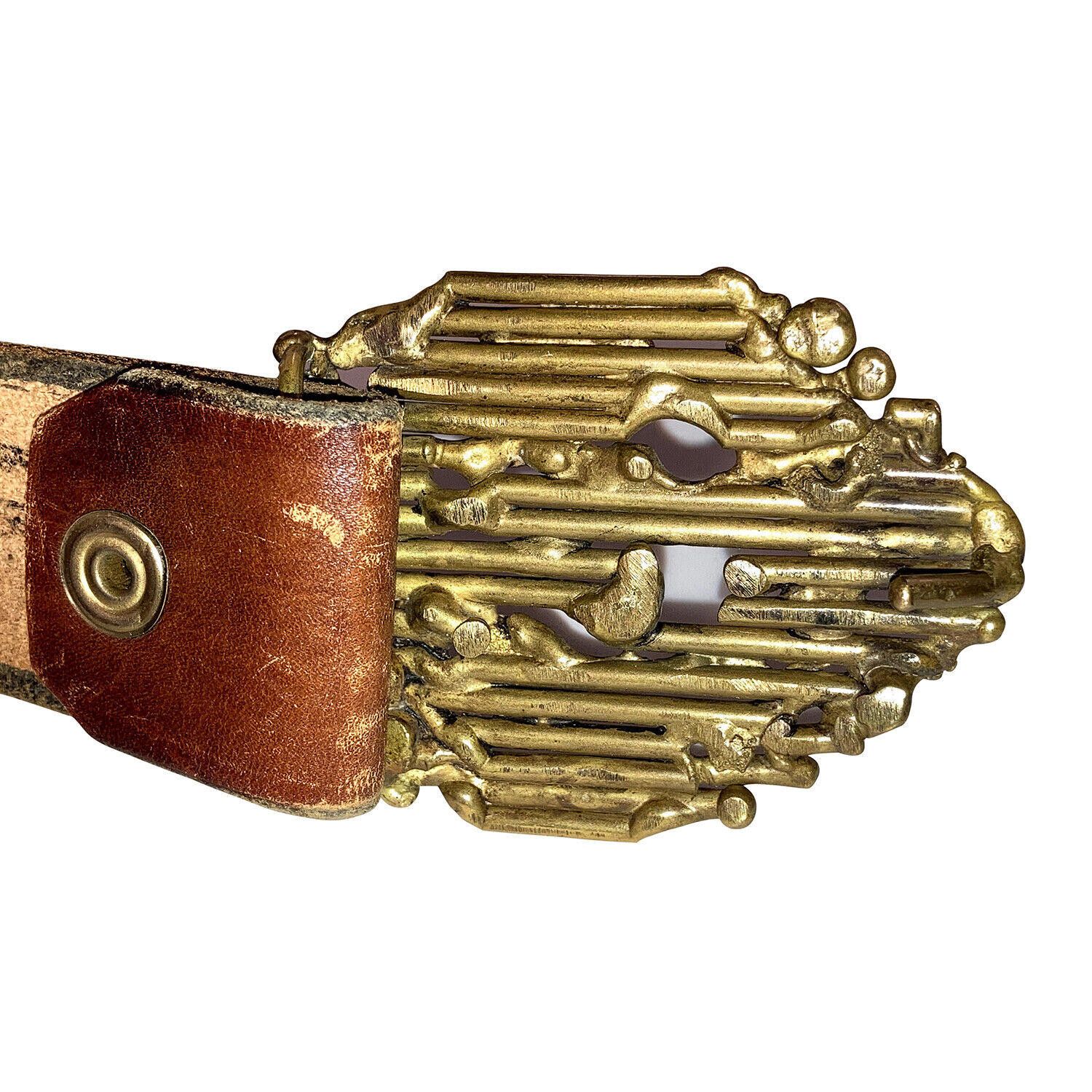 Handmade Brutalist Brass Hand Made Buckle with Beige Leather Belt Size ONE SIZE - 2 Thumbnail