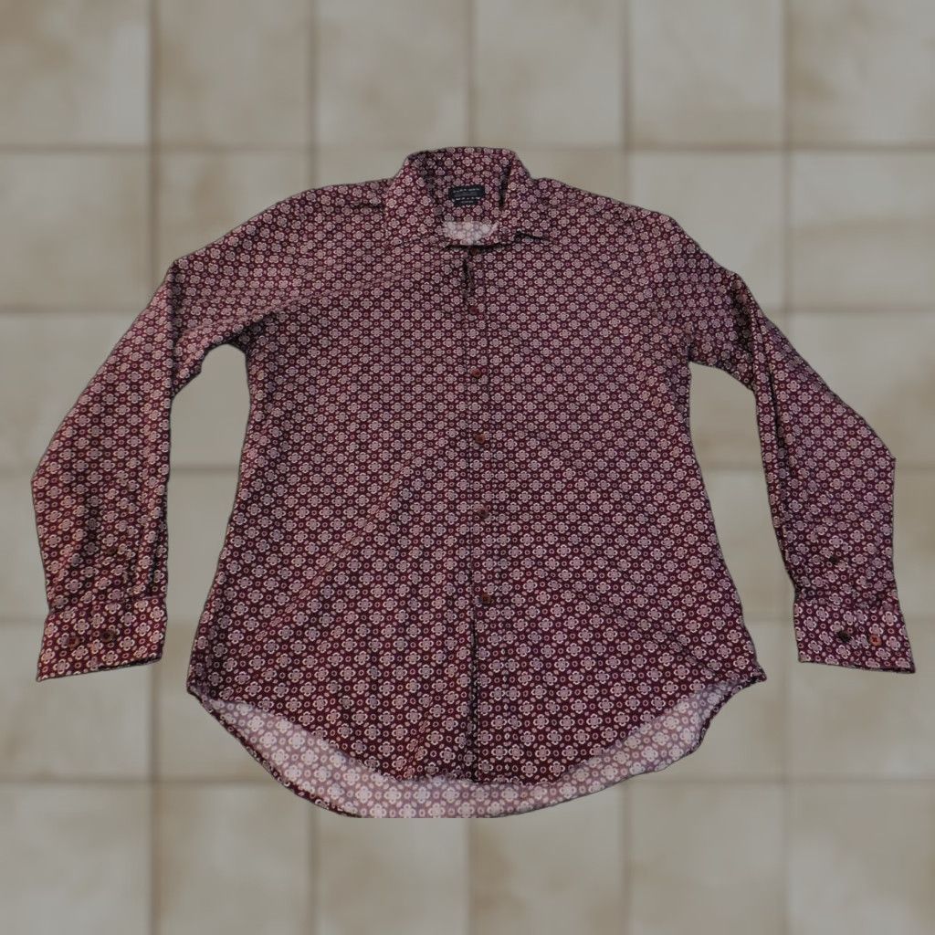 Zara VINTAGE Zara Man Shirt Mens Extra Large Maroon Geometric Slim Fit Button Down Cotton Size US XL / EU 56 / 4 - 1 Thumbnail