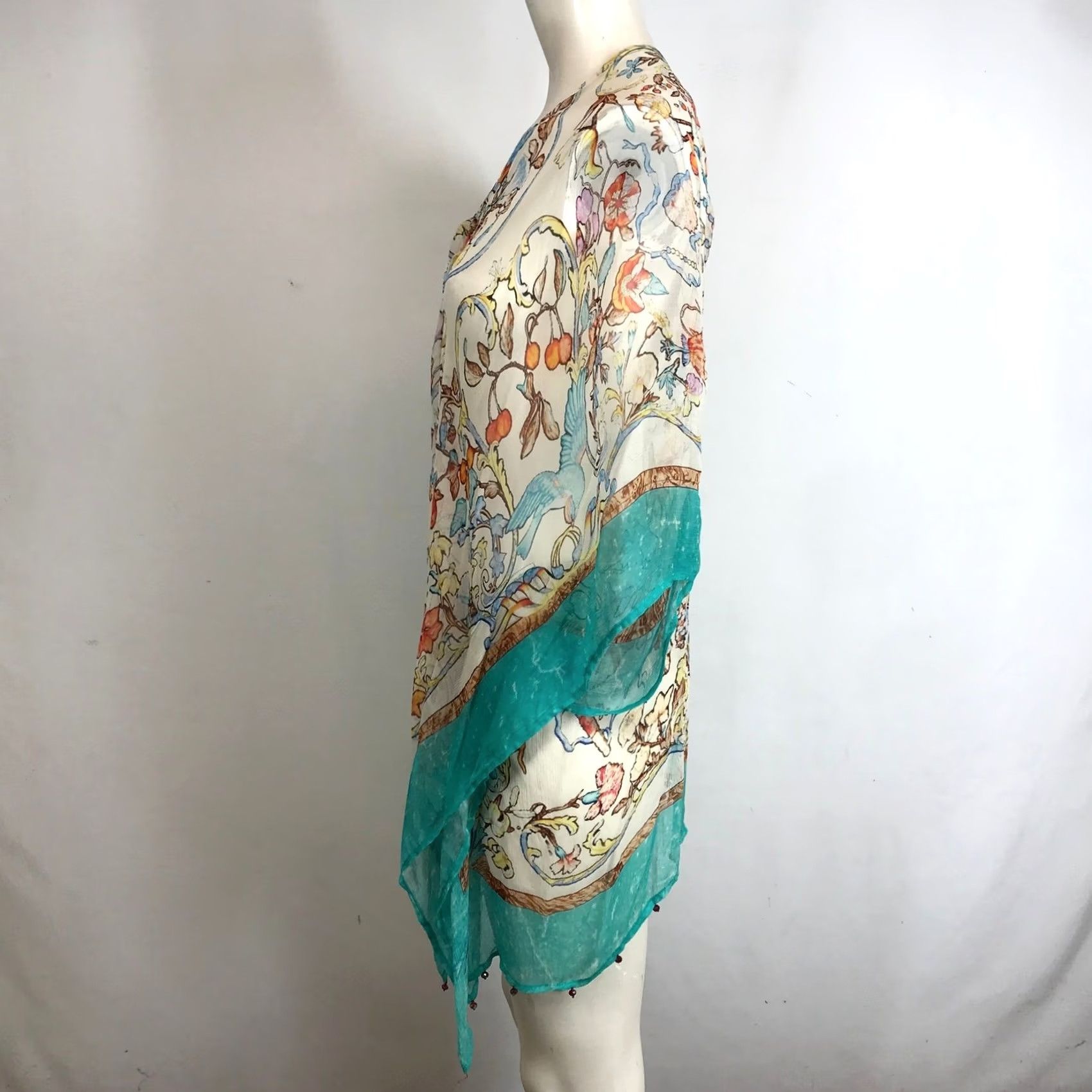 Soft Surroundings Soft Surroundings Kimono Wrap Shirt Womens S Teal Floral Bird Print Cupro Beaded Lightweight Bohemian Size S / US 4 / IT 40 - 6 Thumbnail