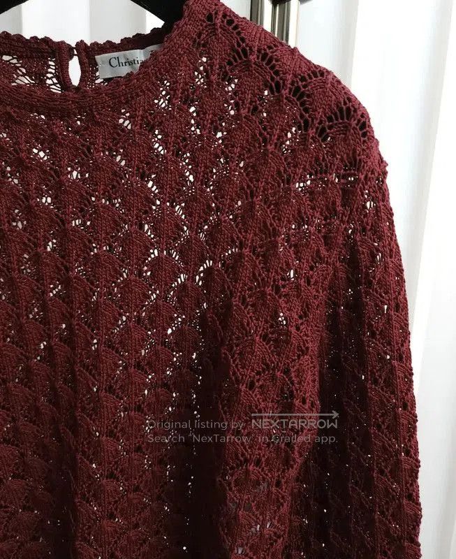 Dior Wine Red Long Sleeve Crochet Sweater .