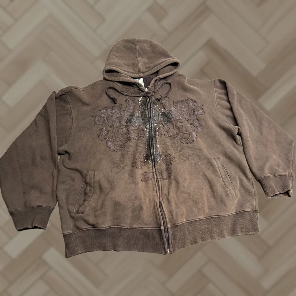 Avirex Vintage Avirex Zip Up Hoodie Embroidered Cross Studded Mens XL Brown Hooded Full Zip Jacket Size US XL / EU 56 / 4 - 1 Thumbnail