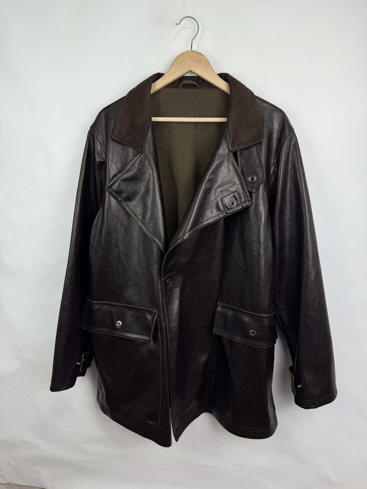 Armani Collezioni 🇮🇹 Vintage 80s Armani Collezioni Faux Leather Overcoat Jacket Size US XL / EU 56 / 4 - 2 Thumbnail