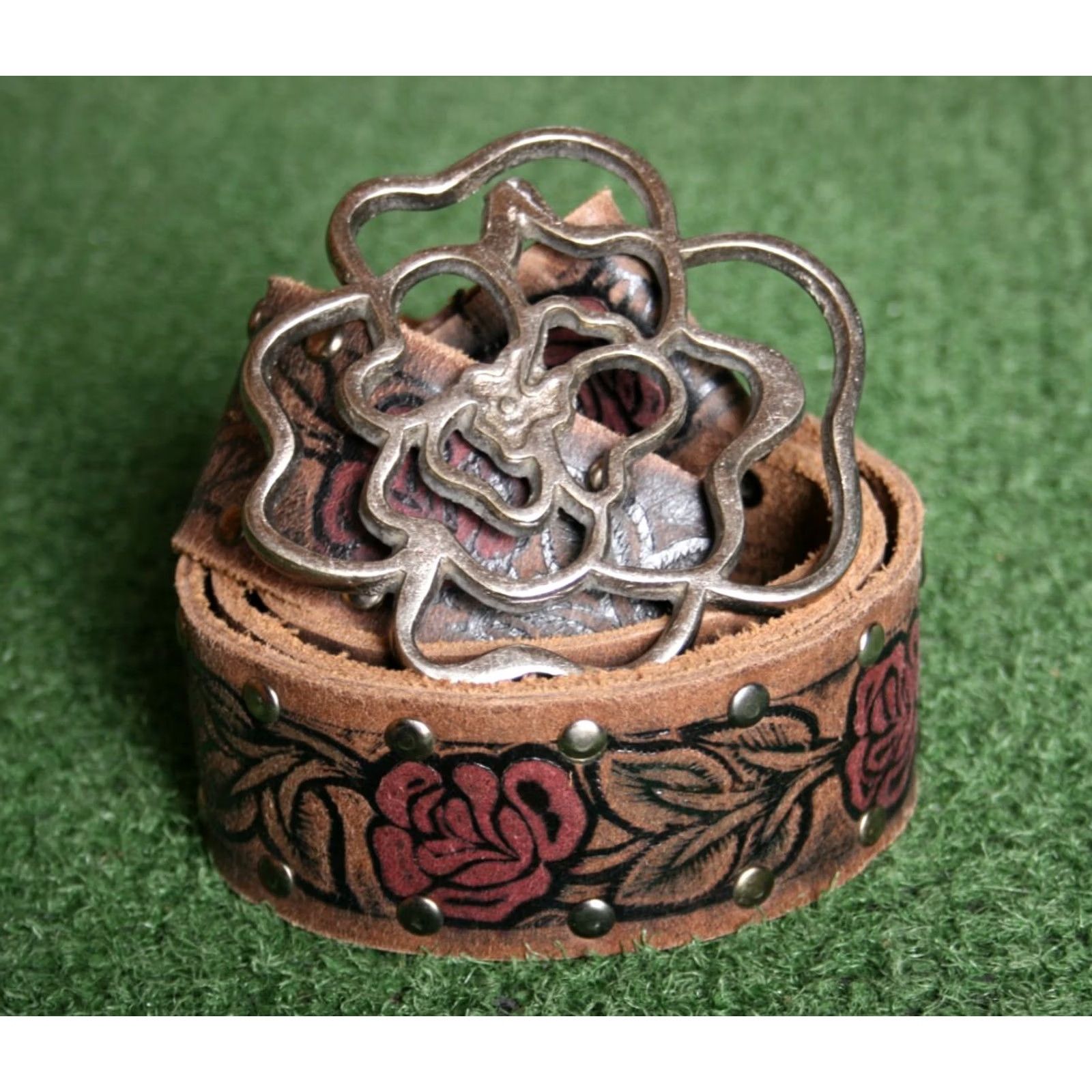 Vintage Floral Embossed Studded Leather Belt w/Attached Buckle Women's Sz. M (32-34) Brown Leather Belt Women Medium Floral Studded Belt Size ONE SIZE - 2 Thumbnail