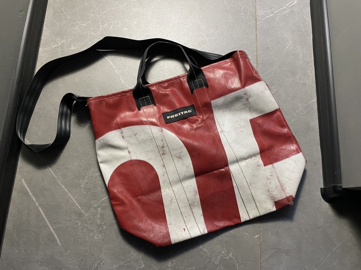 Freitag Freitag F202 Leland Tote Bag Red White Upcycled Truck Tarp Size ONE SIZE - 1 Thumbnail