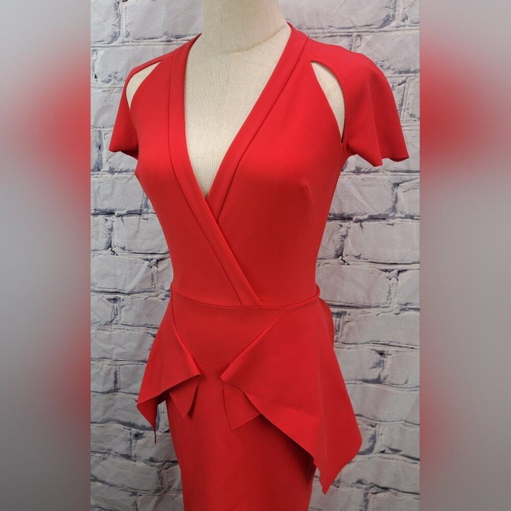 Vintage Greta Constantine Women's Peplum Flynn Dress Red Midi Made Size XS / US 0-2 / IT 36-38 - 2 Thumbnail